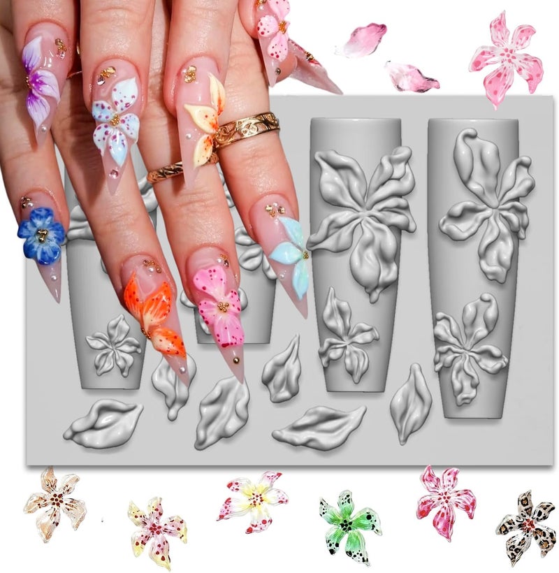 Mtruil 1 Pcs Silicone Nail Molds Flowers Nail Art Molds 3D Silicone for Gel with Carving Clear Modeling Clear Floral Nail Stencils Exquisite Blossom Design Carved Nails Mold Manicure Carving Mould for Women - Image 1